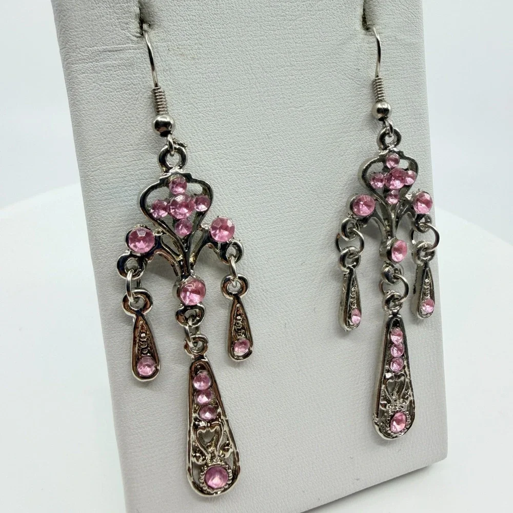 VTG Pink Rhinestone Chandelier Dangle Earrings Silver Tone Goth Fairycore Retro